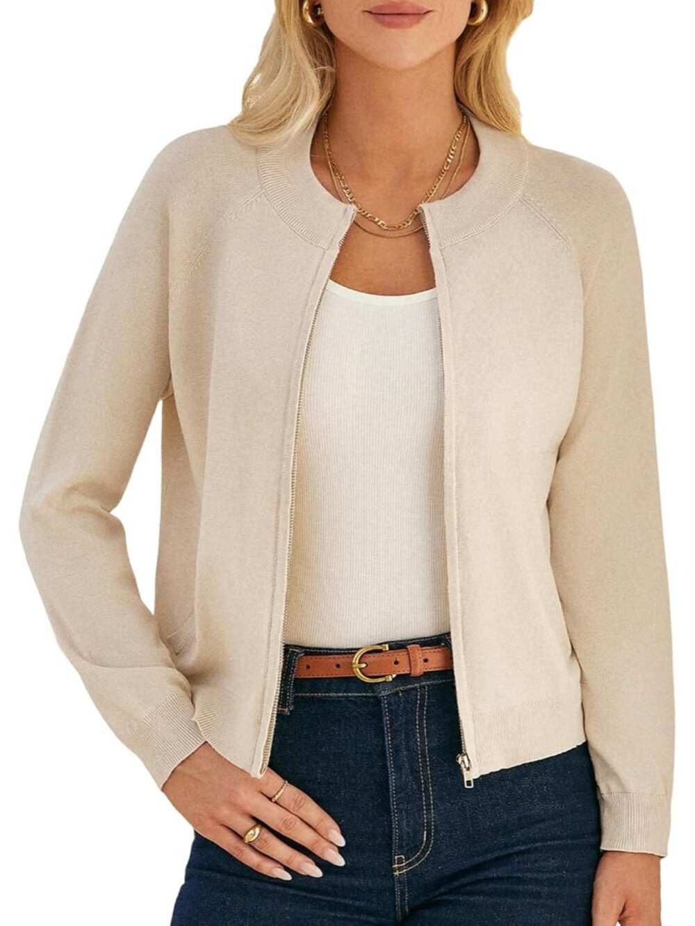 〽️Women's Beige Long Sleeve Zip Up Cardigan Lightweight Knitted Sweater Jacket